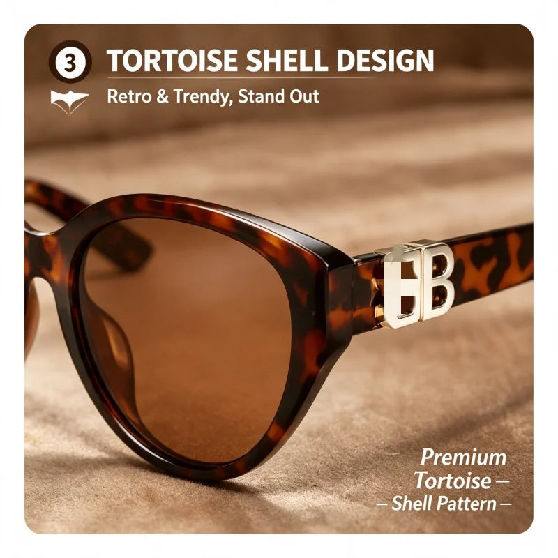 Women’s tortoiseshell leopard cat-eye sunglasses with double B metal logo, vintage retro frame and dark lenses