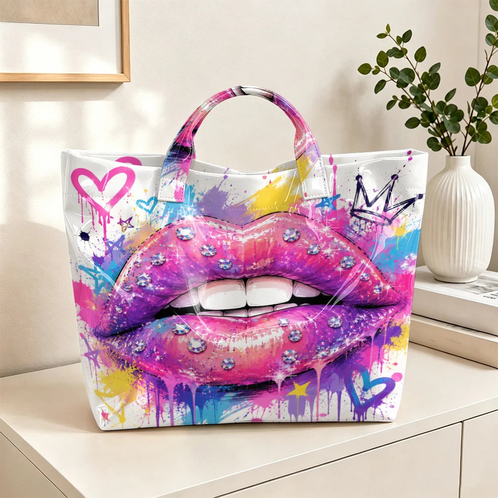 Women’s tote bag with graffiti lips print, reusable handbag from HSF Marketplace, ideal for shopping, travel, or daily use.