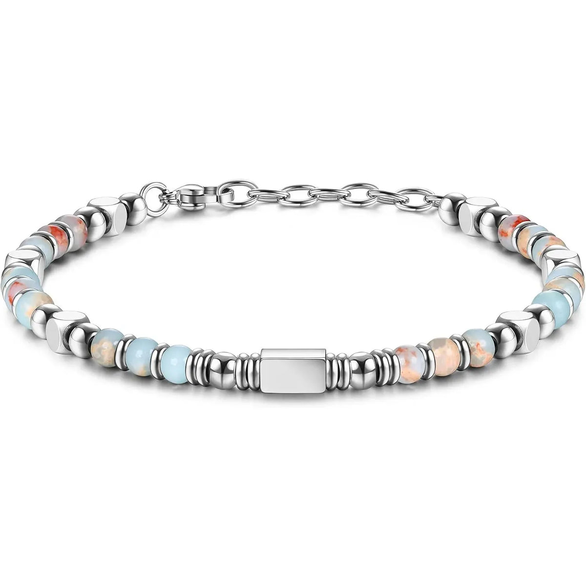 1PC Stainless Steel Fossil Obsidian Tiger's Eye Turquoise Pearl Beaded Bracelet for Men Women Natural Gemstone Stackable Healing Body Jewelry Daily Wear Meditation Party Holiday Best Friend Birthday Anniversary Gift Fashion A
