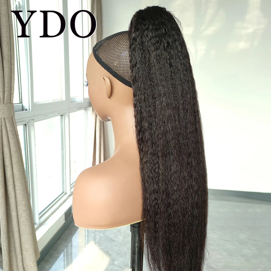 Kinky Straight Ponytail With InvisiFit Strap Drawstrings 100% Human Hair Extension Ponytail Wear Go Natural Black For Women