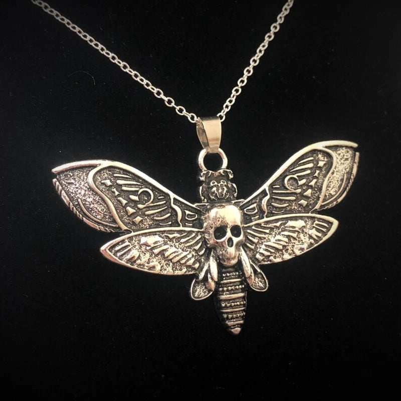 Silver Gothic Death Moth Necklace pendant with sugar skull and butterfly design on 18-inch chain, featuring emo rock jewelry style.