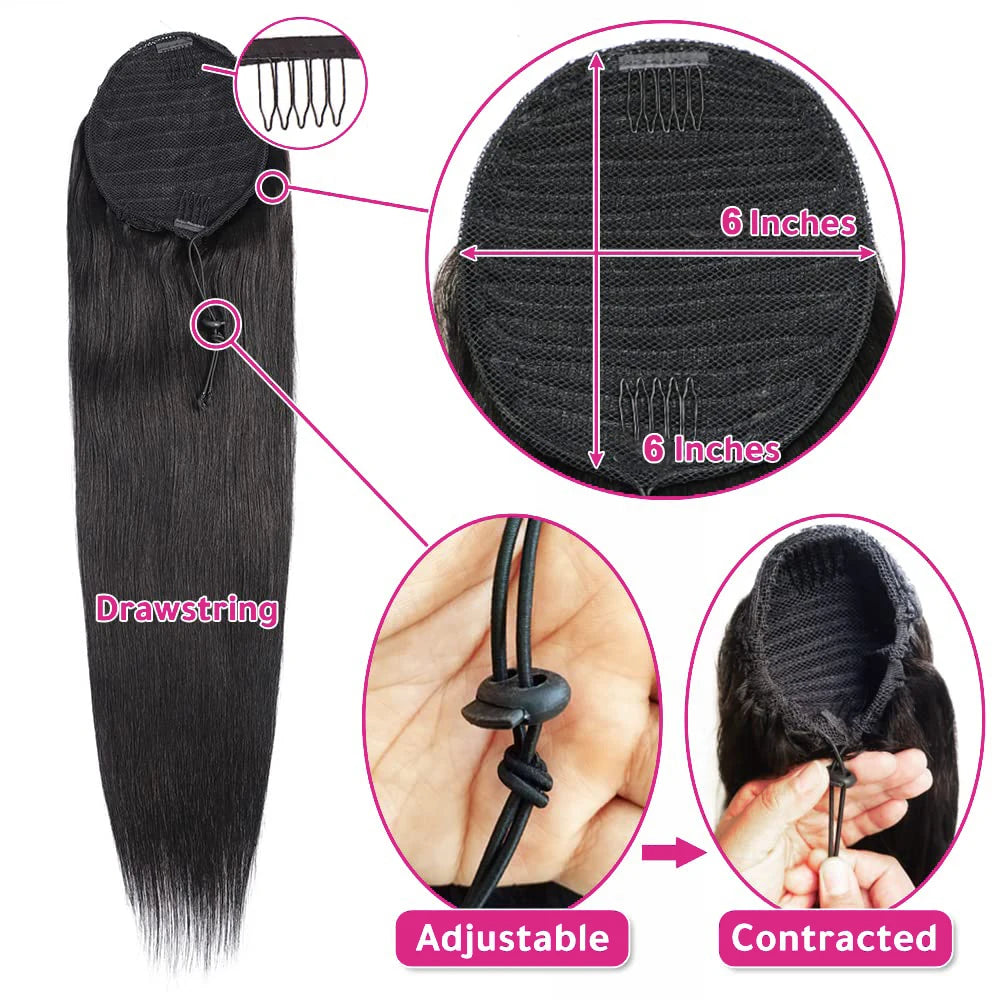 26-inch straight drawstring clip-in ponytail extension in natural color, Brazilian Remy human hair for women
