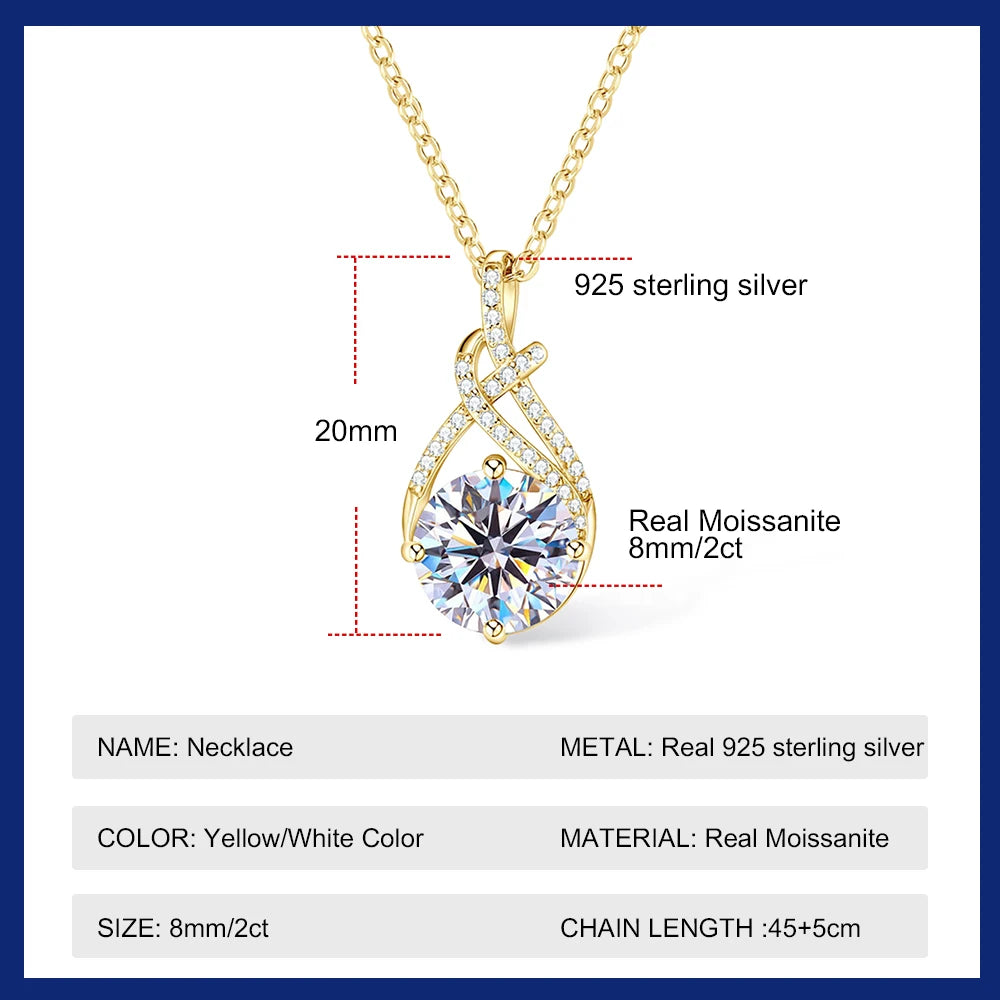 Brilliant 2-3ct moissanite pendant necklace in 925 sterling silver plated with 14k gold, elegant jewelry for women.