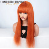 180D 8-28 inch ginger straight human hair wig with bangs, full machine-made wig for women, burgundy orange natural tone