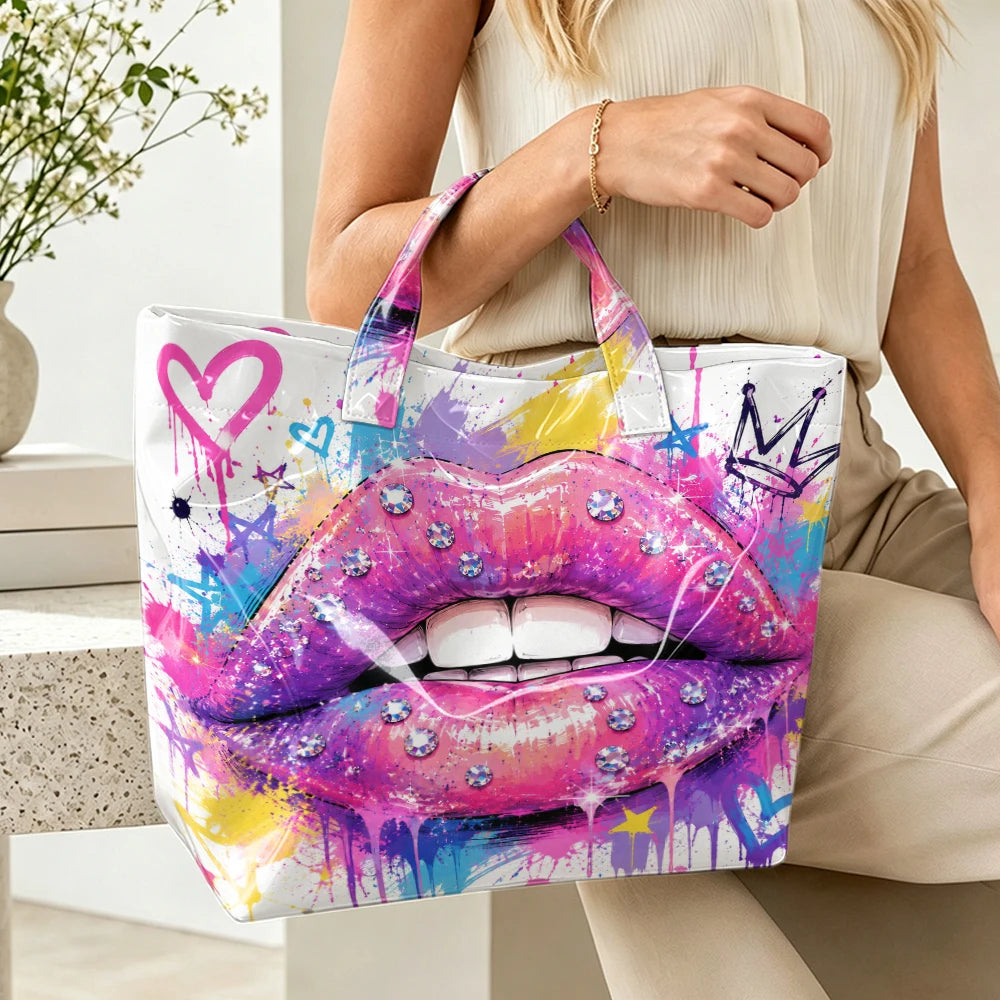 Women tote bag with graffiti lips print, reusable handbag for shopping, travel, office, or daily use, stylish gift for ladies.