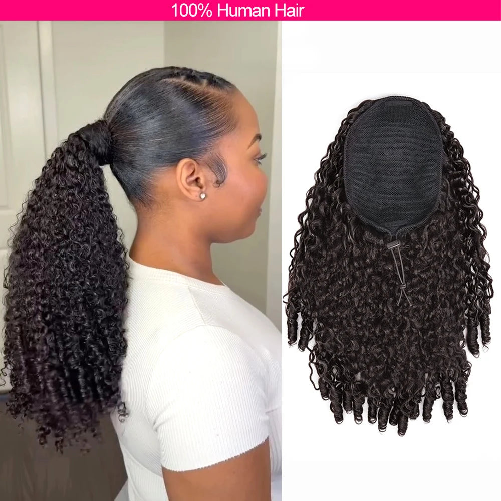 Burmese curly 100% human hair drawstring ponytail extension in natural texture with clip-in attachment