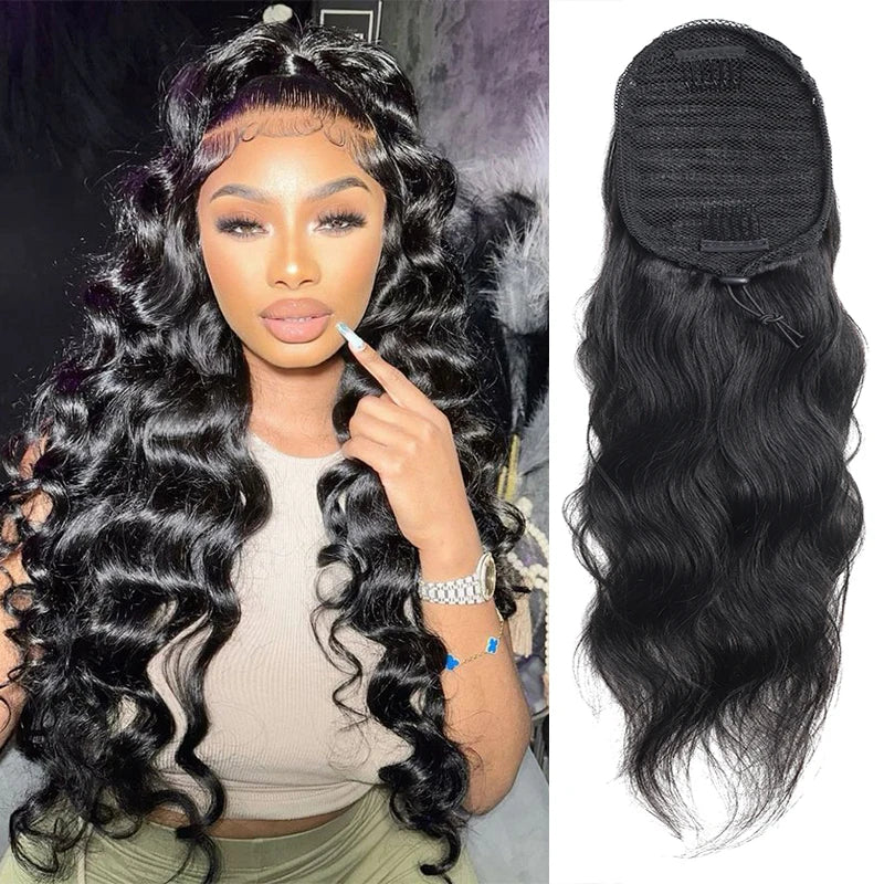 Brazilian Remy body wave human hair drawstring clip-in ponytail in natural color for women