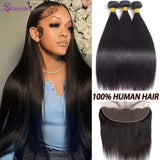 Straight Bundle with Frontal 100% Unprocessed Brazilian Virgin Human Hair Weave 3 Bundles with 13x4 Lace Frontal Straight Bundle