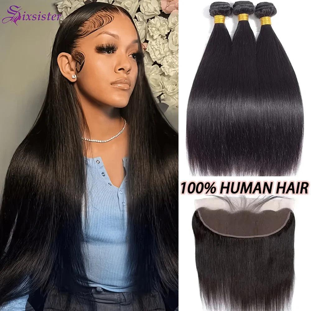 Straight Bundle with Frontal 100% Unprocessed Brazilian Virgin Human Hair Weave 3 Bundles with 13x4 Lace Frontal Straight Bundle