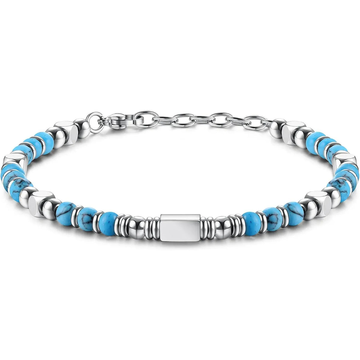 1PC Stainless Steel Fossil Obsidian Tiger's Eye Turquoise Pearl Beaded Bracelet for Men Women Natural Gemstone Stackable Healing Body Jewelry Daily Wear Meditation Party Holiday Best Friend Birthday Anniversary Gift Fashion A