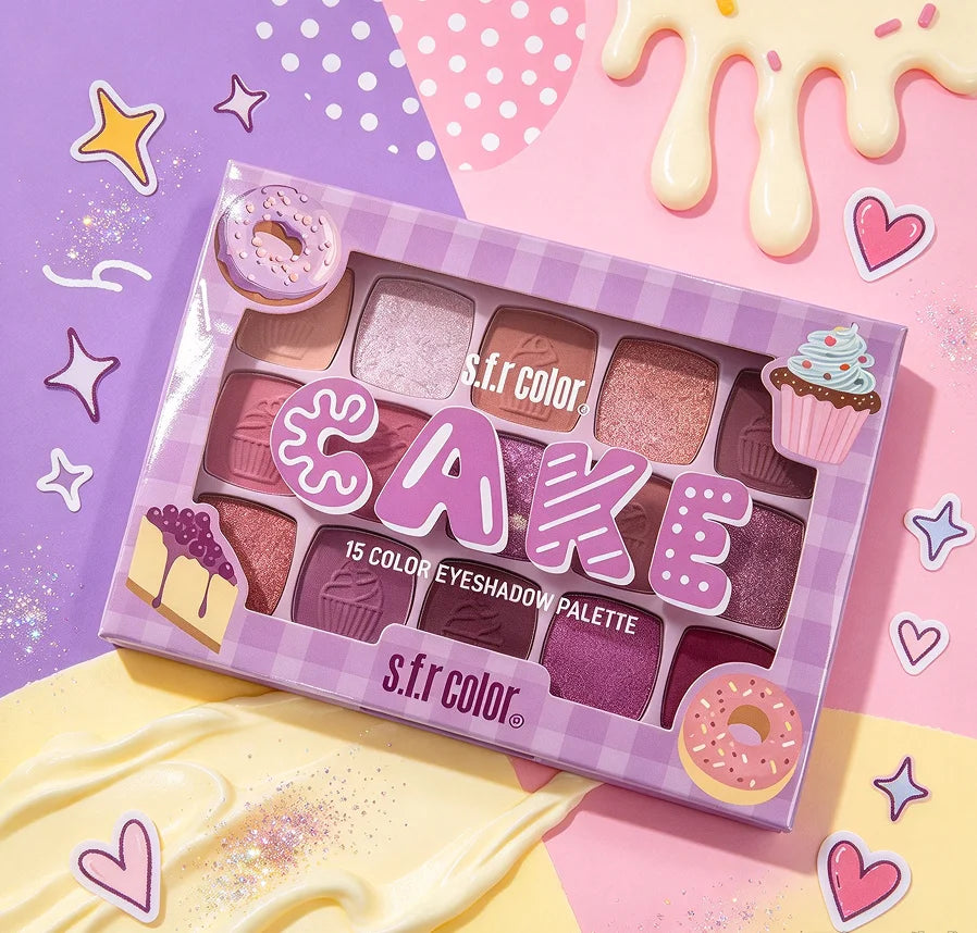 s.f.r color CAKE 15-color eyeshadow palette with matte and glitter purple cake-themed shades