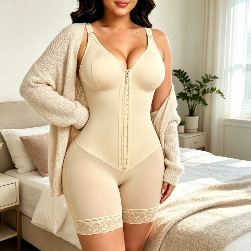 Women's front-zipper body shaper with mesh back, tummy control, lace trim, and butt-lifting shorts