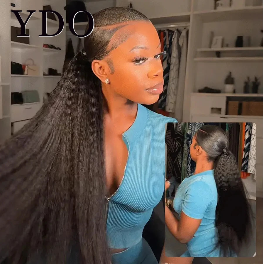 Kinky Straight Ponytail With InvisiFit Strap Drawstrings 100% Human Hair Extension Ponytail Wear Go Natural Black For Women