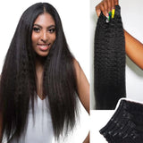 Kinky straight clip-in hair extensions, natural black Brazilian human hair, 26 inch, 8-piece set
