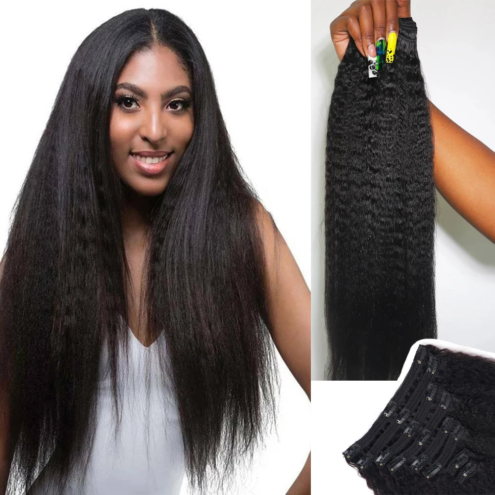 Kinky straight clip-in hair extensions, natural black Brazilian human hair, 26 inch, 8-piece set