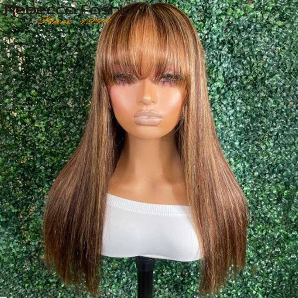 Rebecca 180D straight human hair wig with bangs, showcasing a sleek, full machine-made straight bob hairstyle for women.