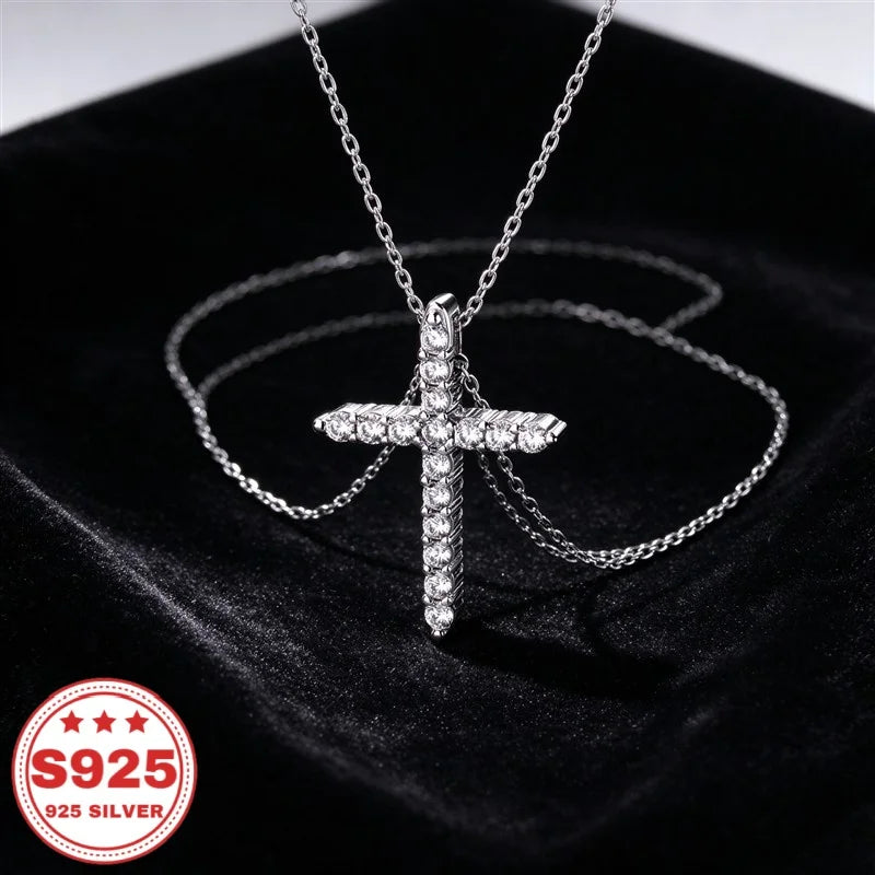 S925 sterling silver cross pendant necklace with sparkling cubic zirconia stones, HSF jewelry close-up