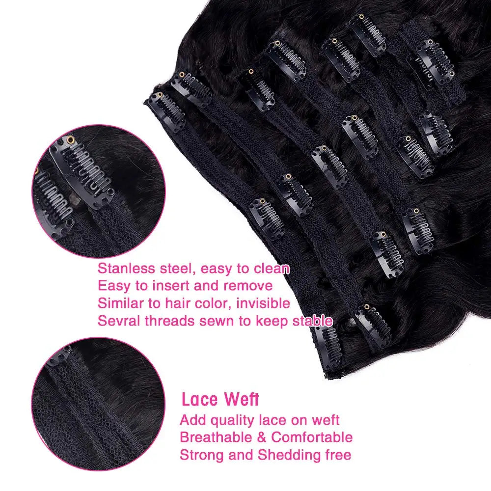 Body wave Brazilian human hair clip-in extensions, 8-piece double weft set in #1B black, 120g
