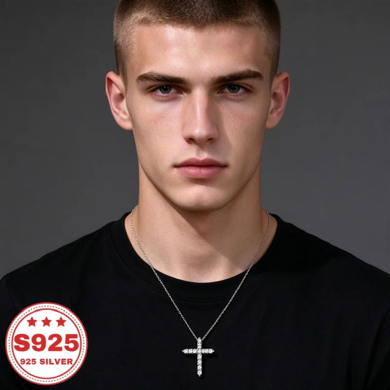 S925 sterling silver cross pendant necklace with cubic zirconia by HSF Marketplace