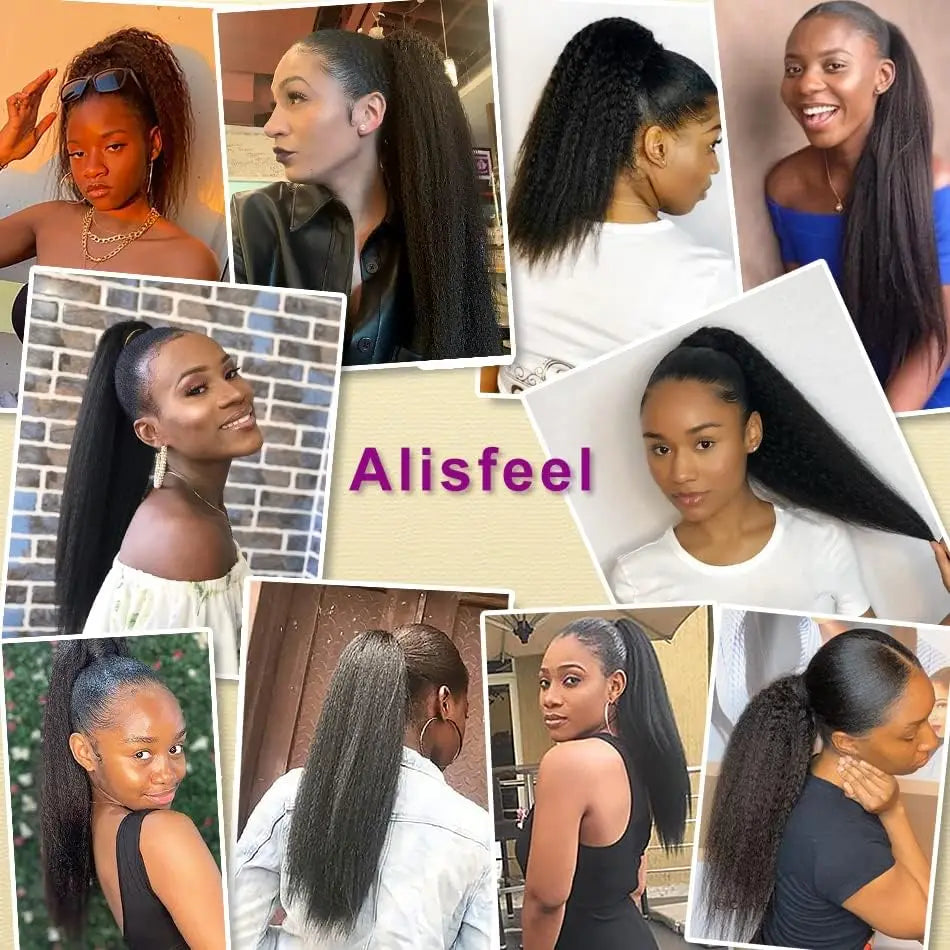 Kinky straight human hair wrap-around drawstring ponytail extension in natural black #1B for women
