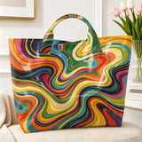 Colorful retro rainbow swirl marble print tote bag for women, large capacity handbag suitable for shopping and travel.