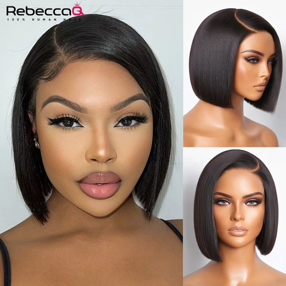8-inch short straight bob wig, 100% human hair lace part in natural black, glueless and ready to wear