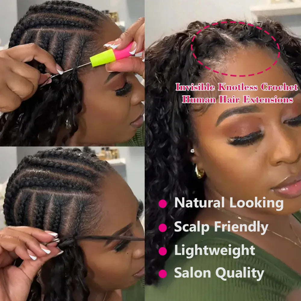 Miracle Knots Crochet Human Hair Deep Wave Bundles Invisible Knot Burmese Curly Boho Braids Crochet Human Hair Extensions 16-20 Inch Pre-Separated Reusable Feathered Human Crochet Curly 100% Human Hair For Black Women Lightwe