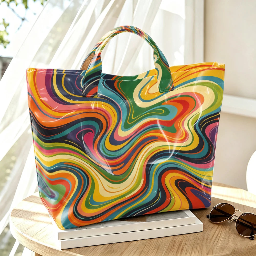 Colorful rainbow swirl marble print tote bag for women featuring psychedelic art, large capacity handbag for shopping and travel.