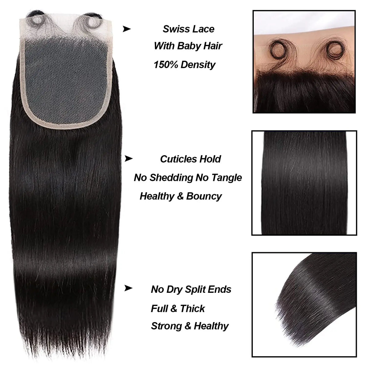 Straight Bundles With Frontal Closure Human Hair Double Weft Quick Weave 3 Bundles with 13x4 Frontal 4x4 Closure Pre Plucked #1B
