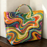 Colorful retro rainbow swirl marble print tote bag for women, large capacity handbag ideal for shopping and travel.