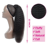 Kinky straight Brazilian human hair ponytail with wrap-around magic tape, wavy yaki texture in natural black