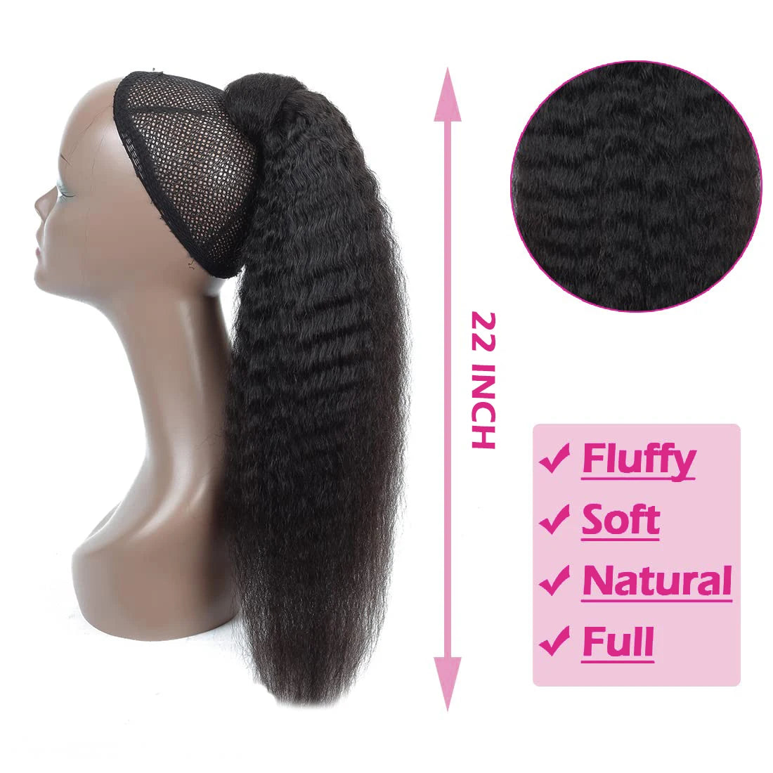 Kinky straight Brazilian human hair ponytail with wrap-around magic tape, wavy yaki texture in natural black