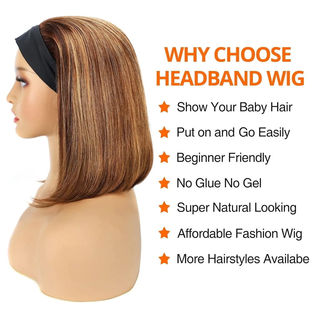 HSF Marketplace short straight human hair headband bob wig, 180% density, machine-made glueless style