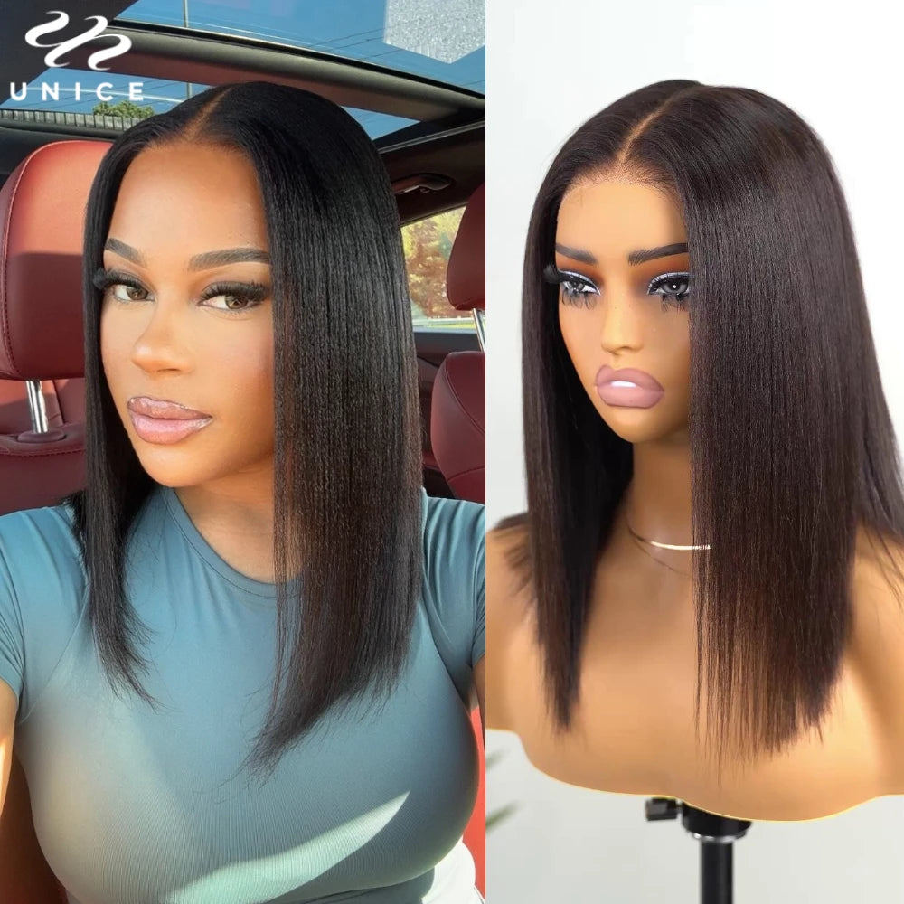 UNICE Hair Light Yaki Bob Wig Human Hair 7x5 Lace Pre Cut Pre Bleached Glueless Wig With Invisi Drawstring Fit For All Sizes