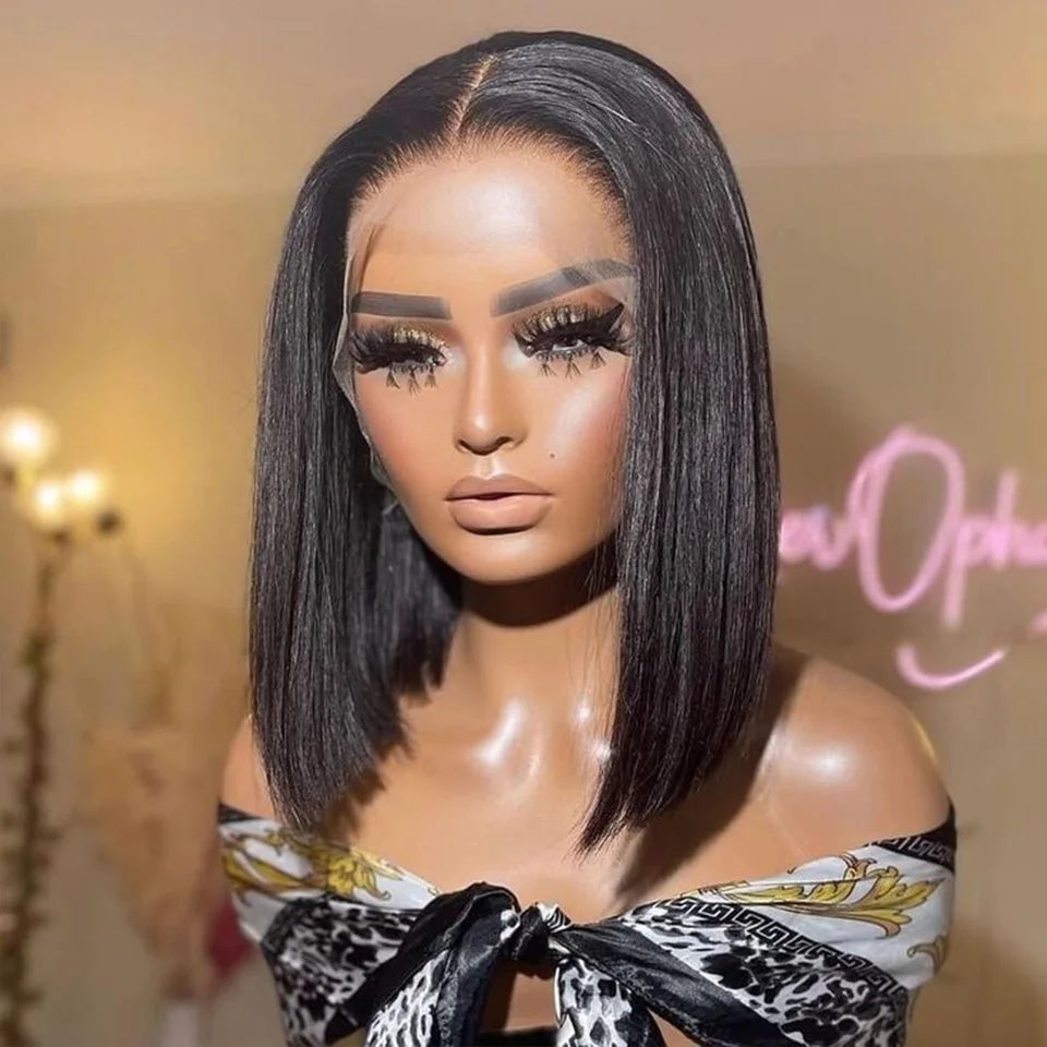 Rebecca Black Bob Wig by HSF Marketplace featuring Peruvian straight human hair, reddish brown color, lace front, 13x6 inch part.