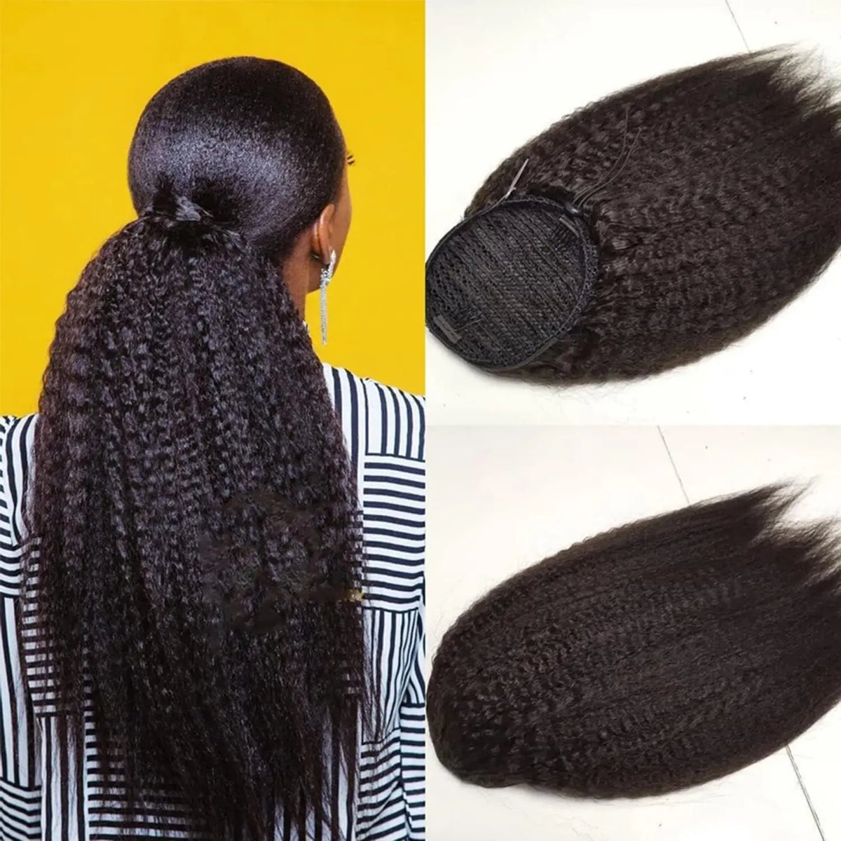 Kinky straight drawstring human hair ponytail for Black women, Yaki straight Remy hair, color #1B
