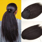 Kinky straight drawstring human hair ponytail for Black women, Yaki straight Remy hair, color #1B
