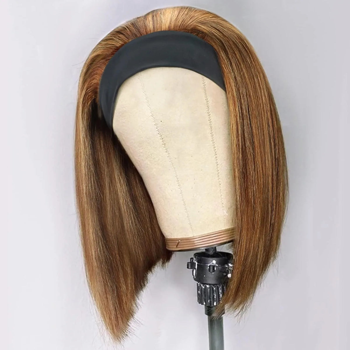 Short straight human hair headband bob wig for women, 180% density, machine-made glueless wig