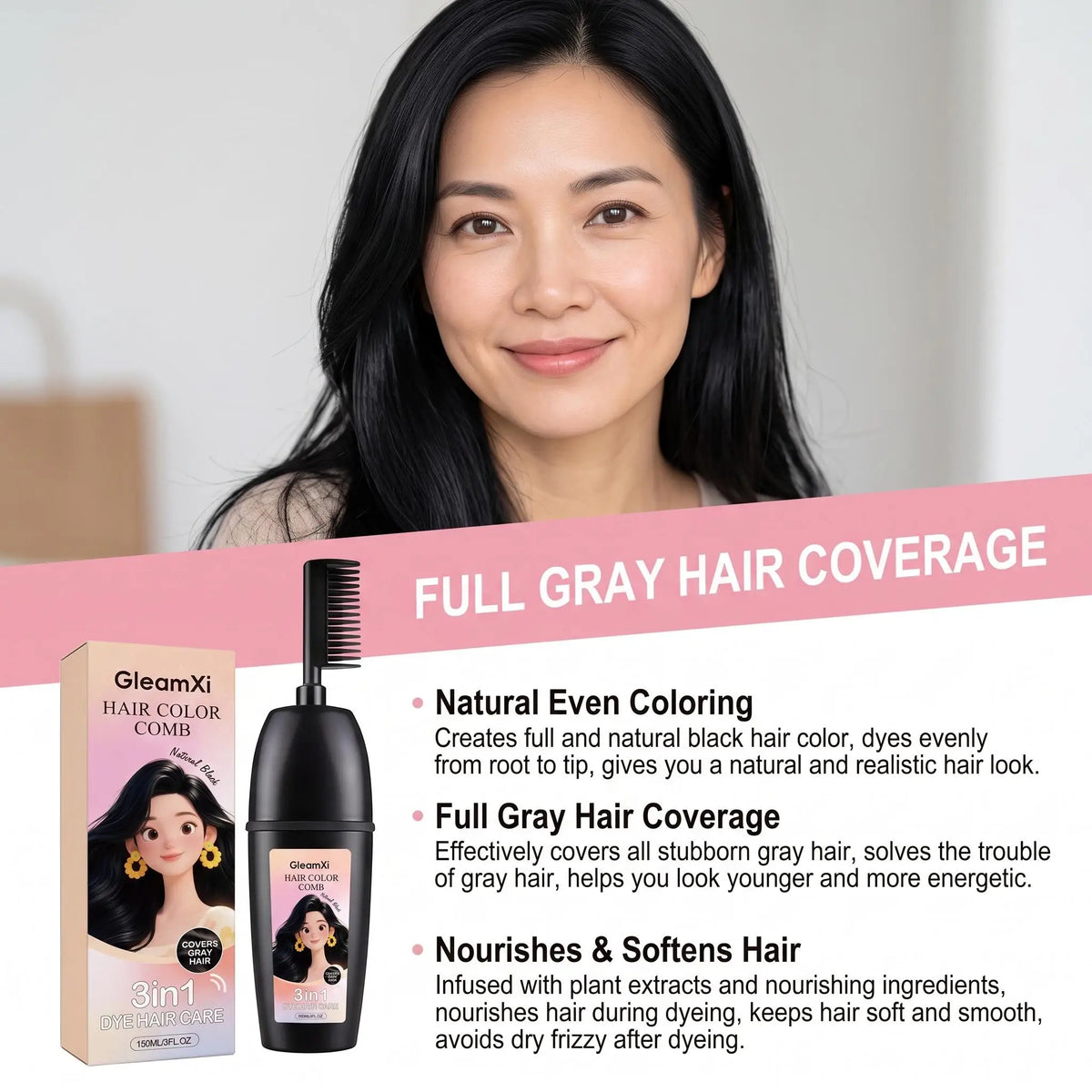 Herbal Hair Dye Comb 3-in-1 Quick Natural Plant Extract Deep Nourish Repair Roots Boost Vitality Long Lasting Mild Formula Gray Coverage Natural Hair Color Comb