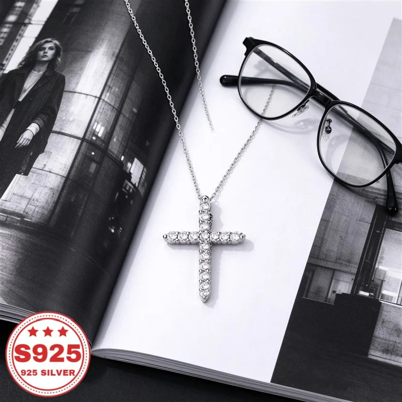 S925 sterling silver cross pendant necklace with sparkling cubic zirconia detailing by HSF Marketplace