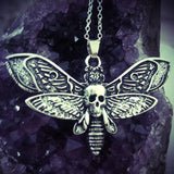 Silver gothic death moth necklace with sugar skull butterfly pendant on an 18-inch chain, featuring a strong, stylish design.