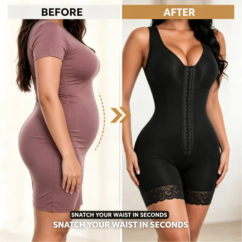 Women's front-zipper body shaper bodysuit with mesh back, tummy control, lace trim and butt-lifting shorts