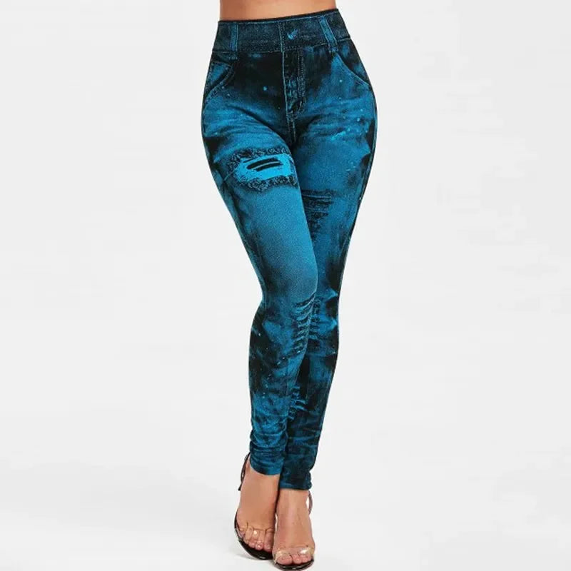Women's high waist imitation jeans stretch leggings with slim push-up fit for gym and streetwear, HSF Marketplace