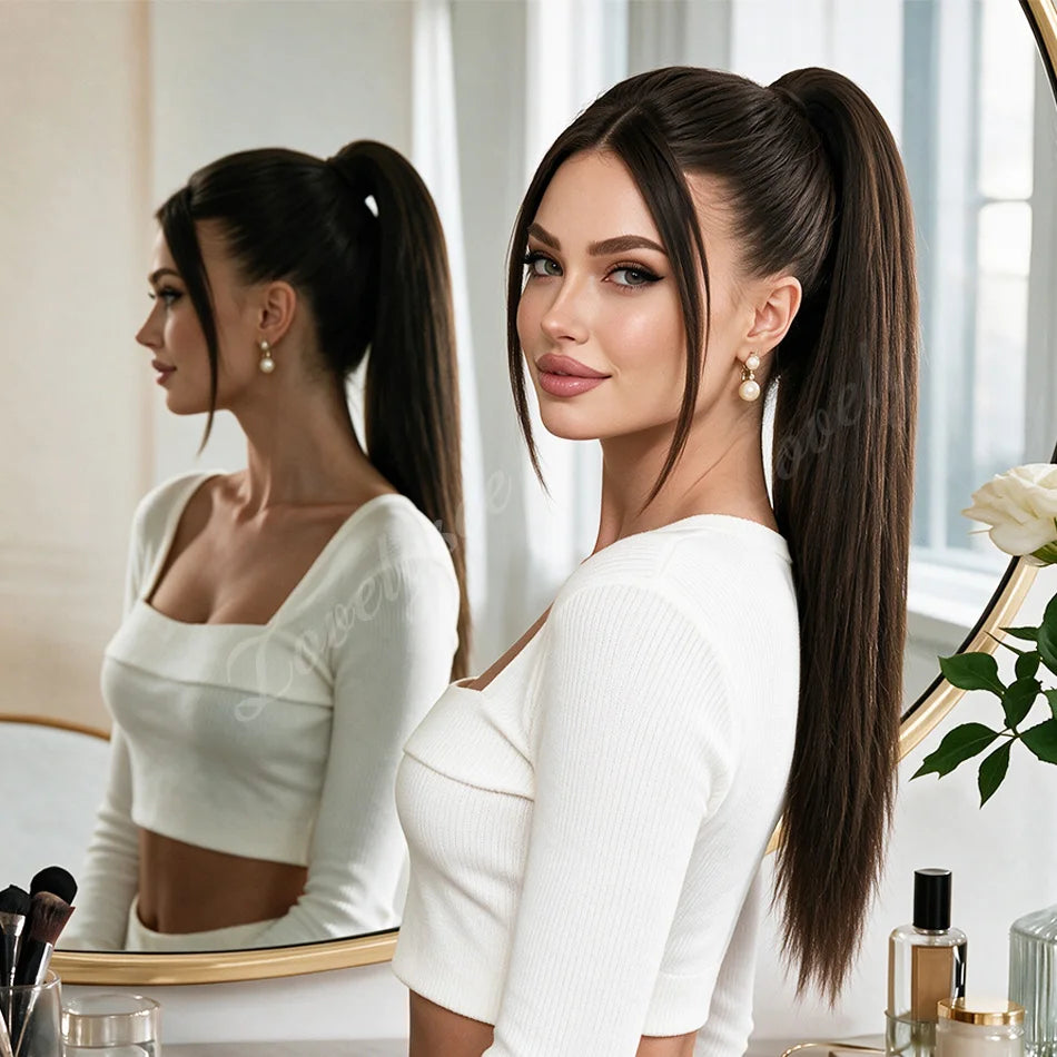 HSF Marketplace short straight drawstring ponytail, 100% human hair extension with clip-in attachment
