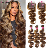 Honey blonde 5x5 closure with bundles, body wave human hair bundles with ombre highlights, natural texture, from HSF Marketplace.