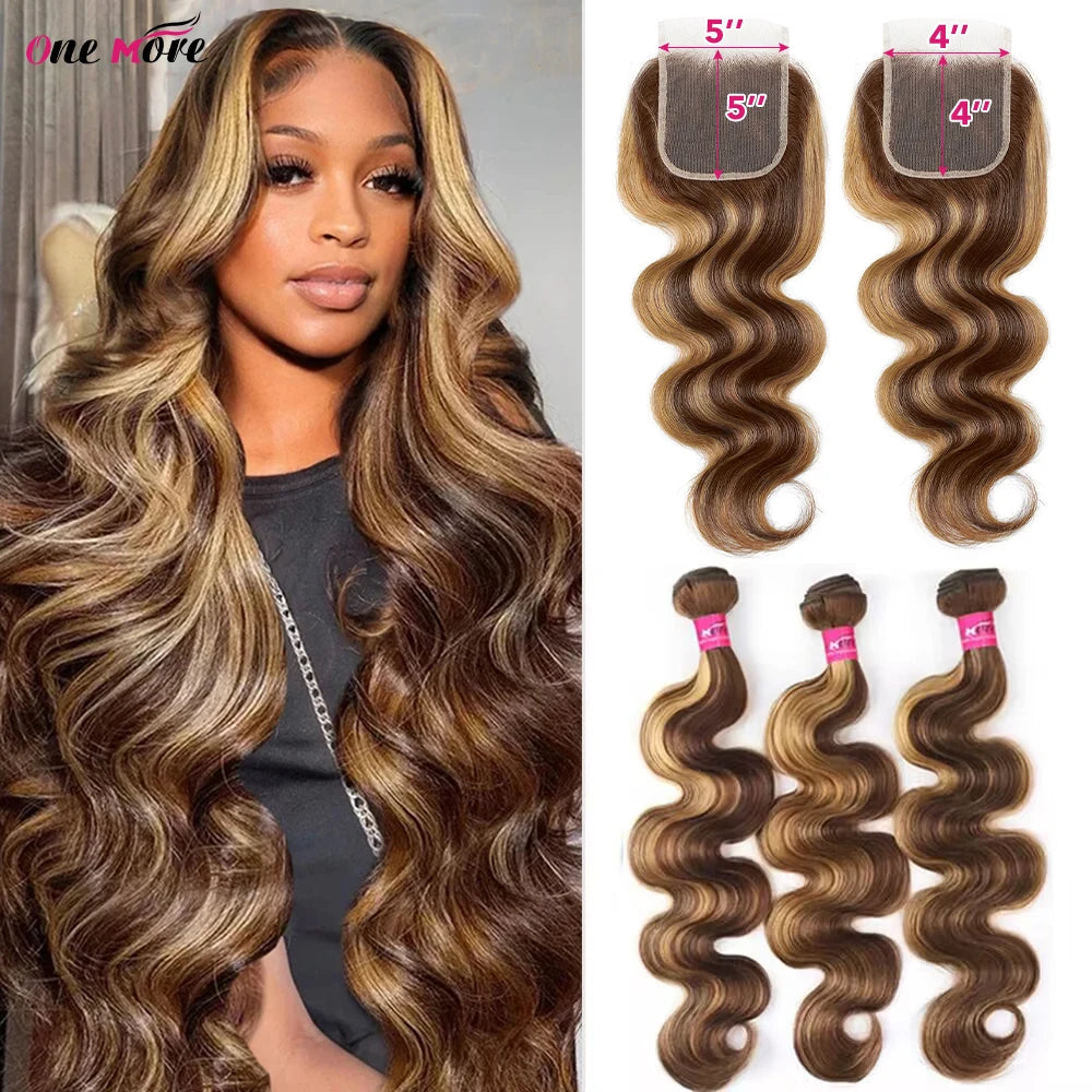 Honey blonde 5x5 closure with bundles, body wave human hair bundles with ombre highlights, natural texture, from HSF Marketplace.