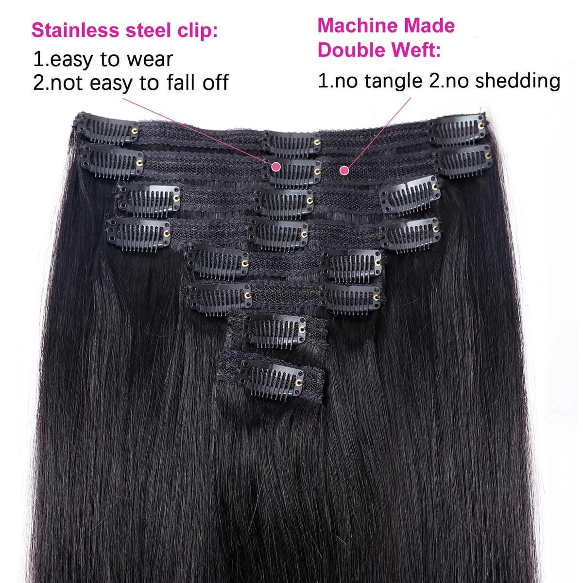 Brown unprocessed Brazilian human hair clip-in extensions, seamless full head set with straight texture