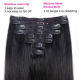 Brown unprocessed Brazilian human hair clip-in extensions, seamless full head set with straight texture