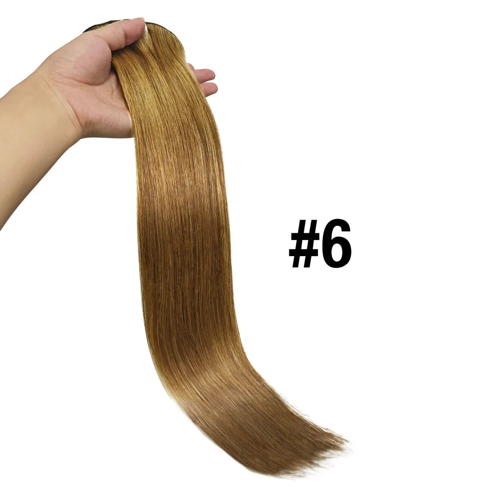 Brown unprocessed Brazilian human hair clip-in extensions, seamless full head set with straight strands