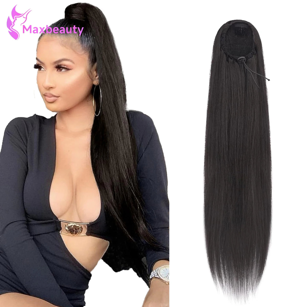 26-inch straight drawstring clip-in ponytail extension in natural color, Brazilian Remy human hair by HSF Marketplace